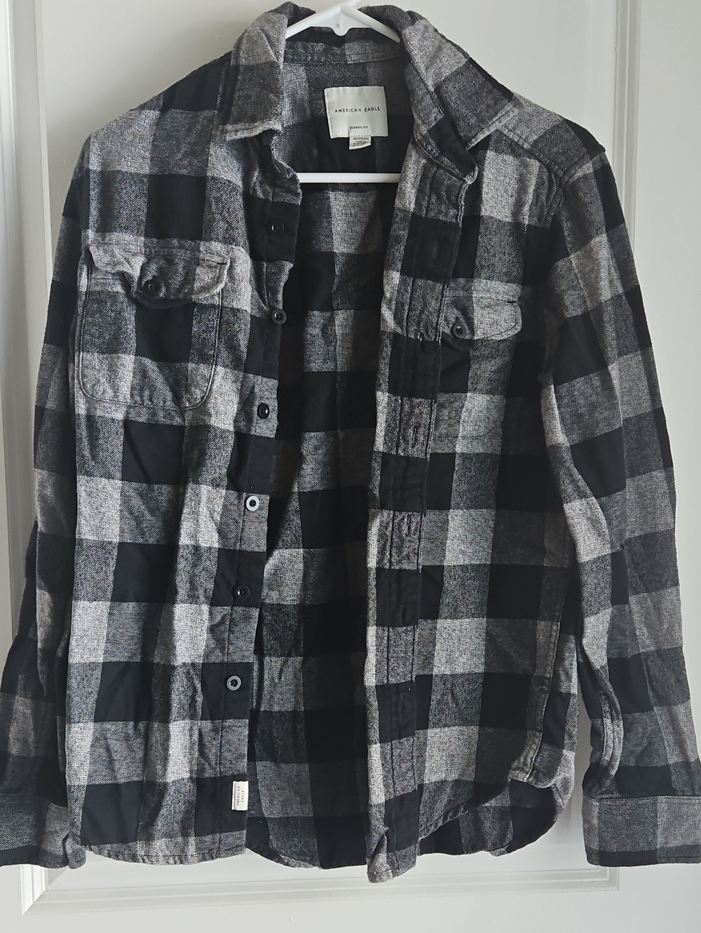 American Eagle Outfitters Men’s Black and Gray Buffalo Check Button-Down Shirt - Picture 1 of 3
